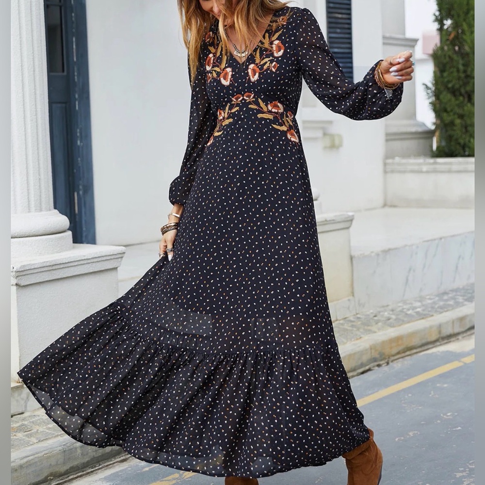 Embroidered V-Neck Long Sleeve Dress